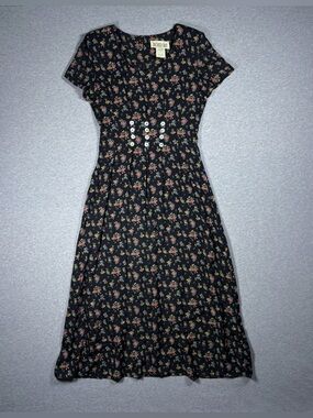 Vintage Floral Maxi Dress Black Women’s Size 7/8 Whimsigoth Boho Colorful 90s